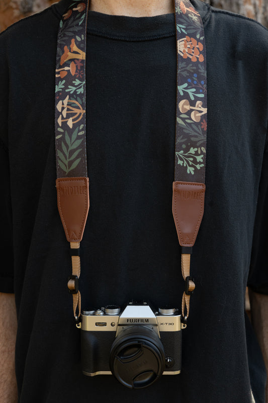 Forest foliage camera strap mushroom design around neck