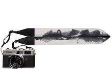 Load image into Gallery viewer, USA National parks camera strap by wildtree in black and white. features 11 national parks, black leather ends and backing
