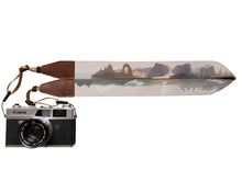 Load image into Gallery viewer, USA National parks camera strap by wildtree in color. features 11 national parks, brown leather ends and backing
