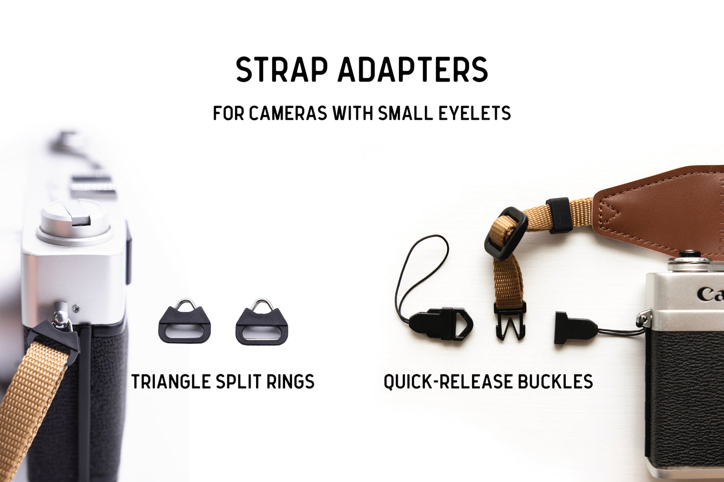 graphic for triangle split ring and quick release buckles camera strap adapters