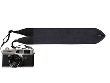 Load image into Gallery viewer, All Black Solid color camera strap with black backing and leather ends attached to canon camera
