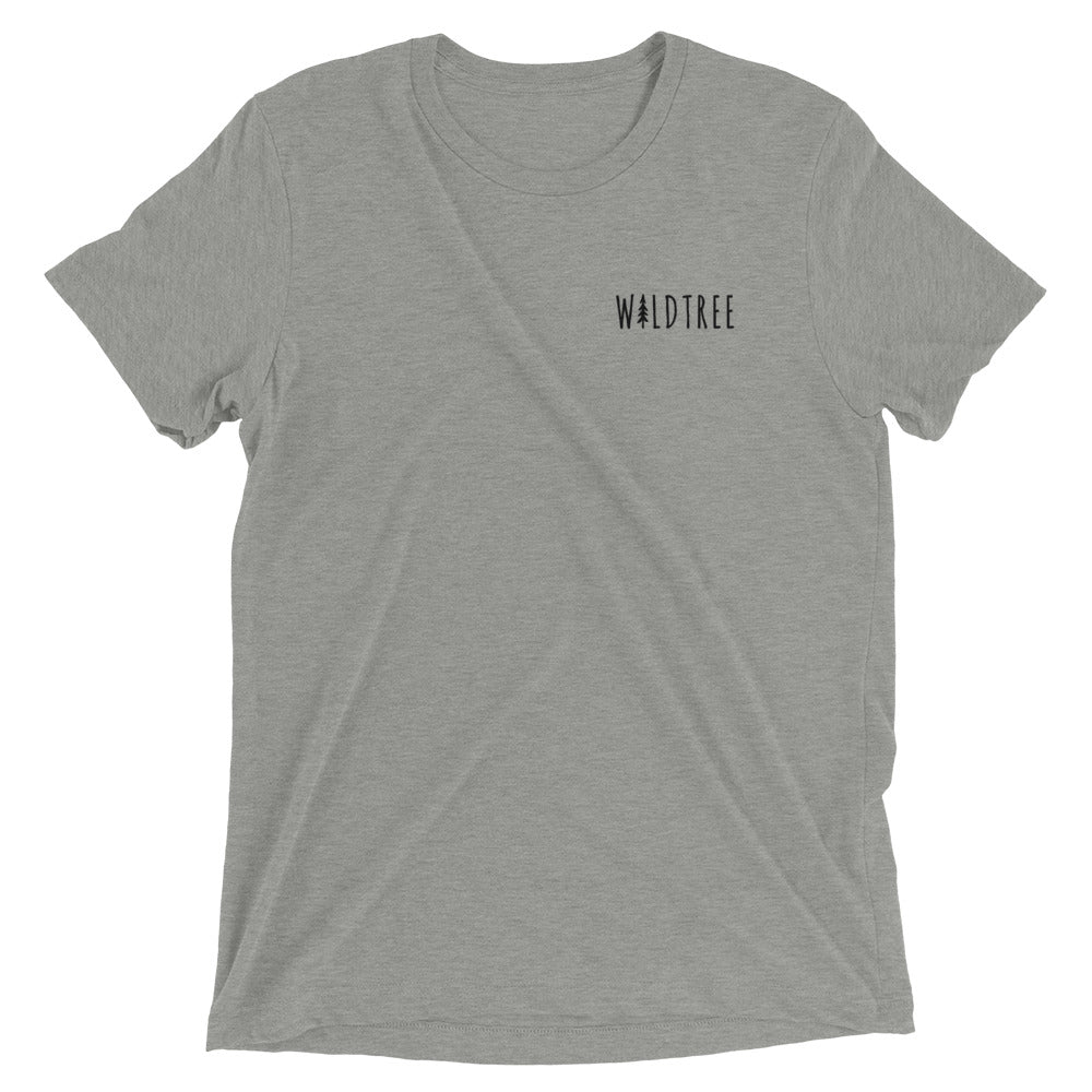Athletic grey fleck triblend unisex tri blend t-shirt with small black wildtree logo on left side