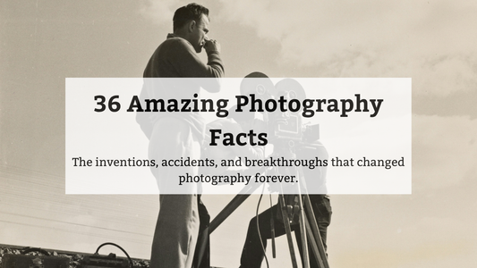 A vintage, black-and-white photograph of two men operating a large camera on a tripod, overlaid with a white text box reading: "36 Amazing Photography Facts: The inventions, accidents, and breakthroughs that changed photography forever.