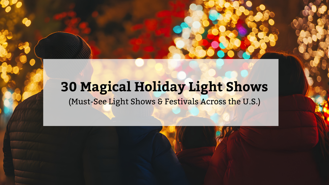 The title card for an article reads "30 Magical Holiday Light Shows (Must-See Light Shows & Festivals Across the U.S.)" over a background of blurred, warm-toned holiday lights and the backs of people watching the display.