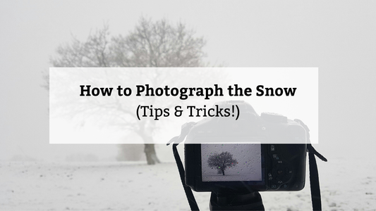 A title card that reads "How to Photograph the Snow (Tips & Tricks!)" overlaid on a blurry image of a camera set up in a snowy field.
