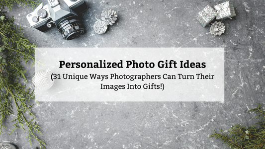 The title card for a gift guide reads "Personalized Photo Gift Ideas" over a background of a vintage camera, winter greenery, and holiday-themed items on a dark gray surface.