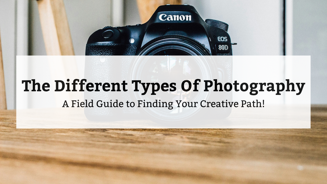 A black Canon EOS 80D DSLR camera resting on a wooden table, with a white banner overlay reading 'The Different Types Of Photography: A Field Guide to Finding Your Creative Path!