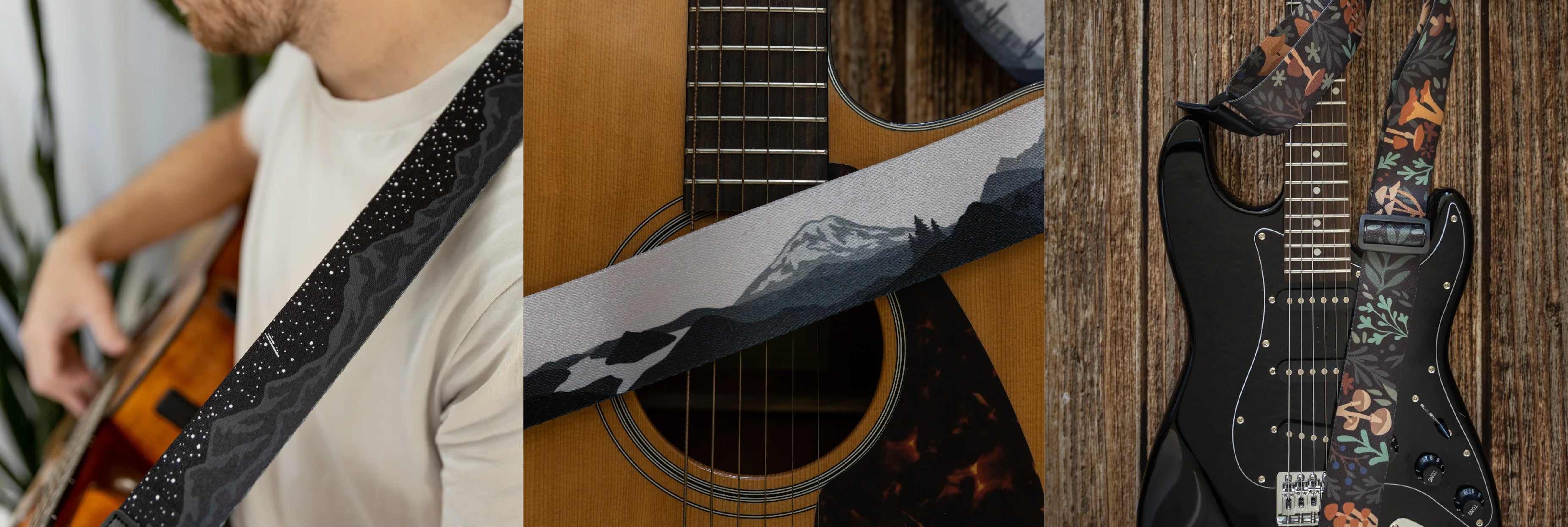 three iamges of unique designed guitar straps. Black guitar strap with mountains and stars. National park designed guitar strap in black and white. Forest foliage guitar strap designed with mushrooms and other plant life