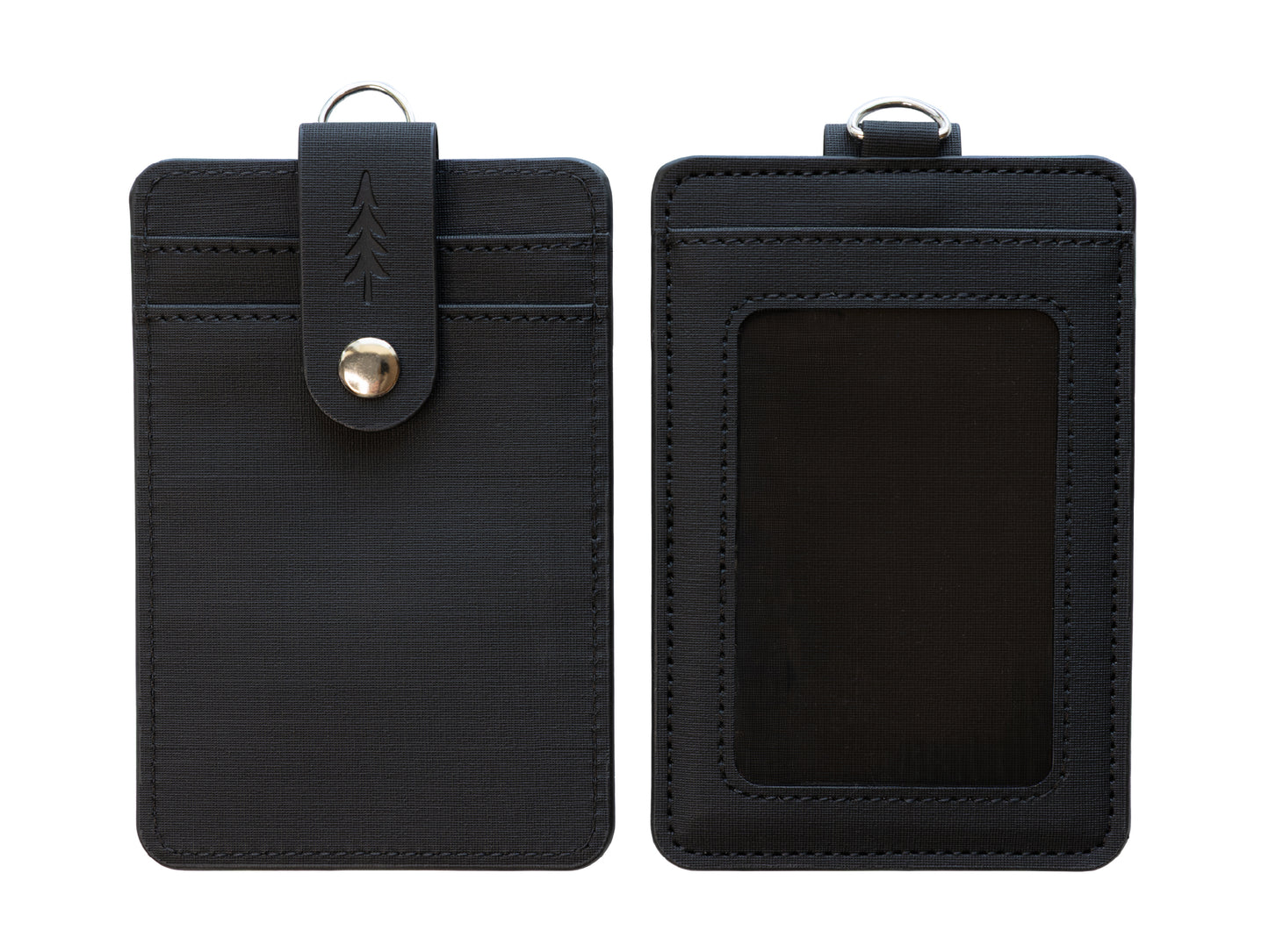A clean, overhead studio photograph showing the front and back of the dark textured ID badge holder positioned side-by-side against a plain, bright white background. The fine grid texture of the material, the stitching details, and the embossed pine tree on the snap closure strap are clearly visible.