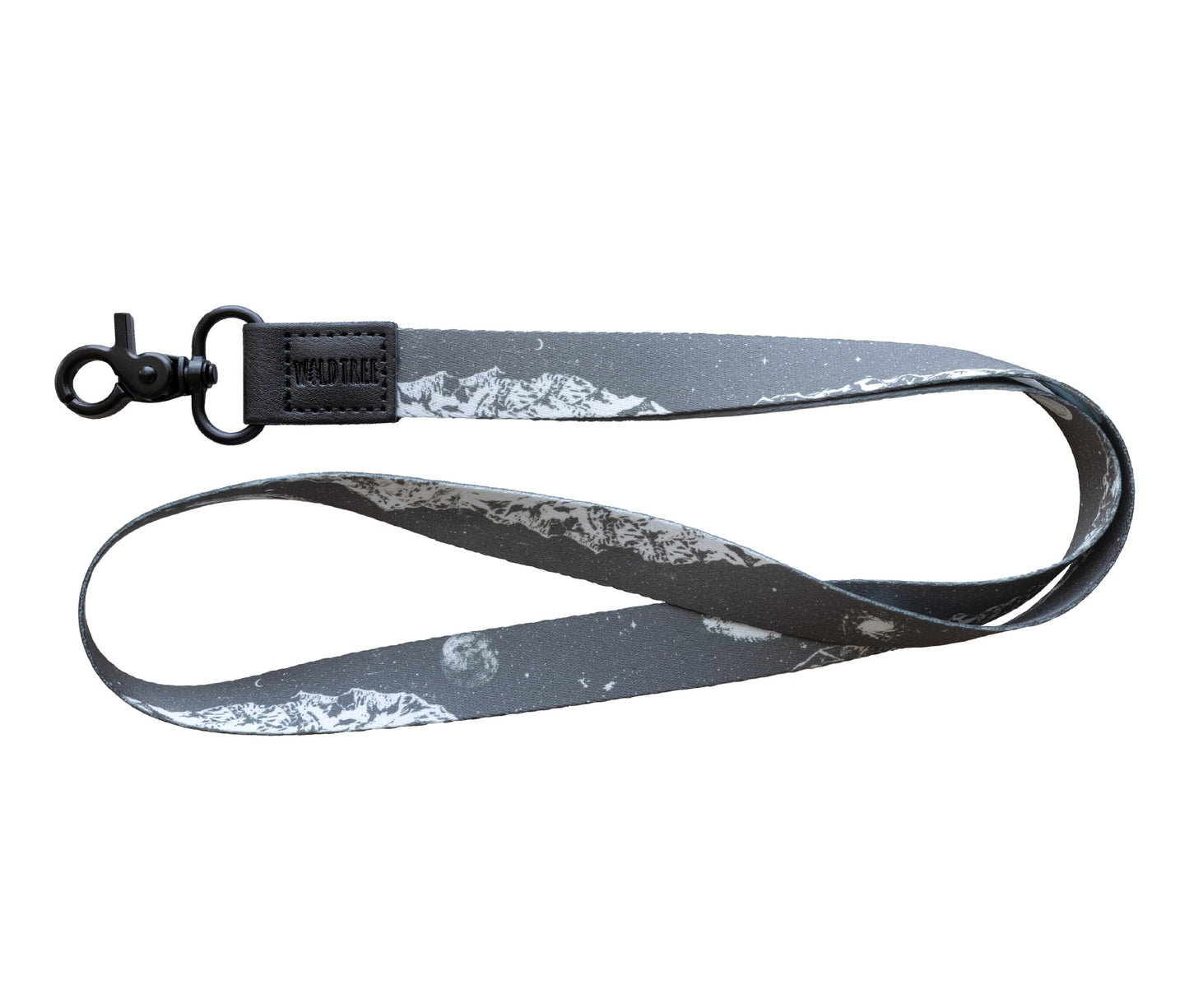 A gray neck lanyard with a white mountain and celestial design, including a planet, curved into a U-shape on a plain white background.
