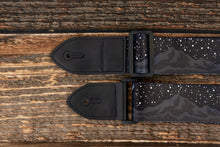 Load image into Gallery viewer, Black midnight mountain guitar strap black leather ends
