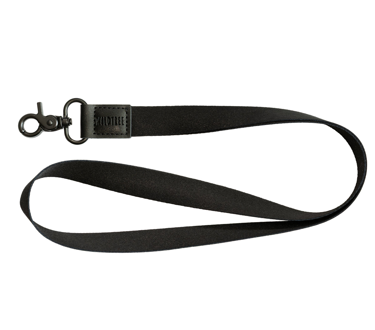 Black Neck Lanyard laid flat on a white background, showing the black strap, black vegan leather patch, and black swivel hook