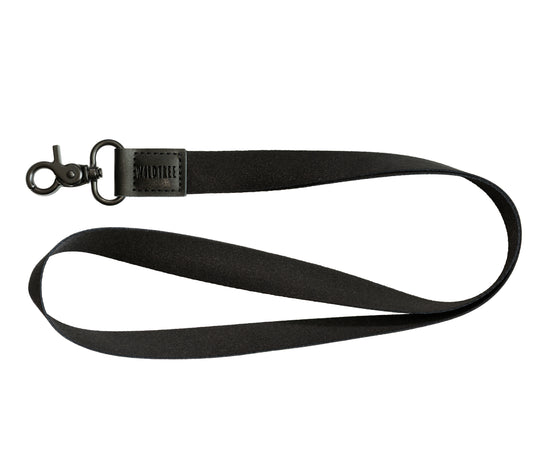 Black Neck Lanyard laid flat on a white background, showing the black strap, black vegan leather patch, and black swivel hook