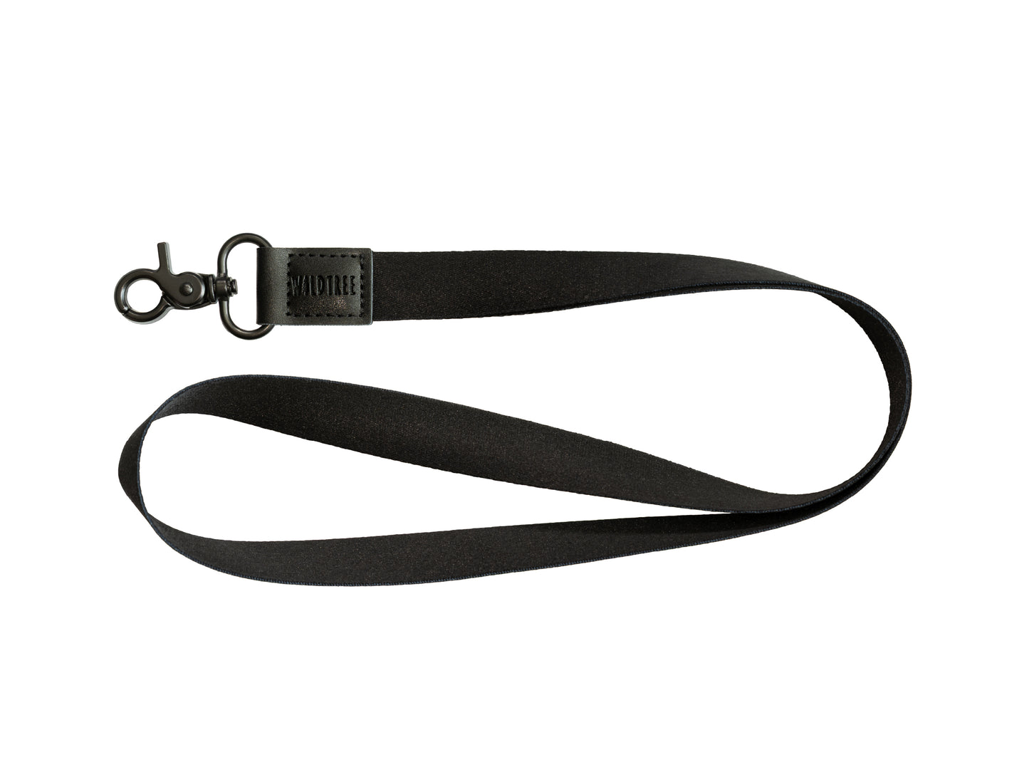 Black Neck Lanyard laid flat on a white background, showing the black strap, black vegan leather patch, and black swivel hook
