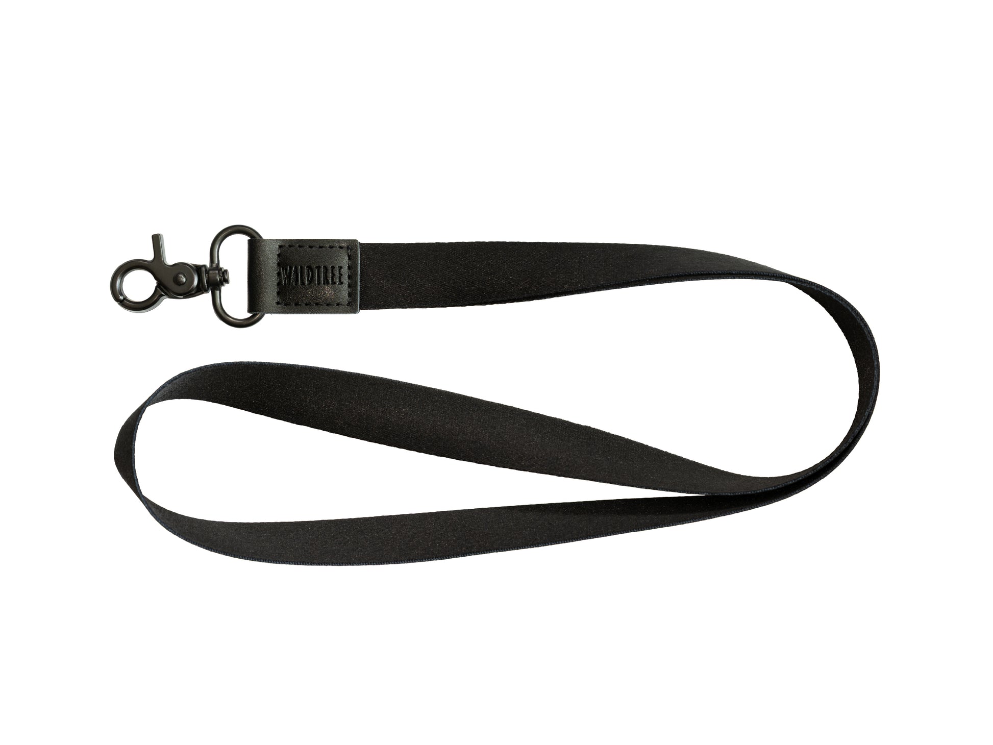 Black Neck Lanyard laid flat on a white background, showing the black strap, black vegan leather patch, and black swivel hook