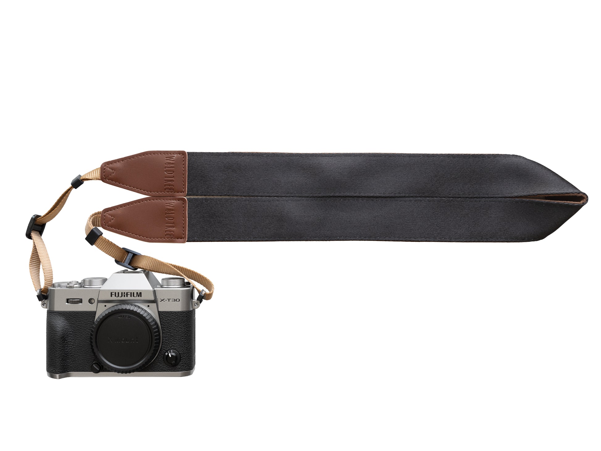 Black Solid color camera strap with brown backing and leather ends attached to canon camera