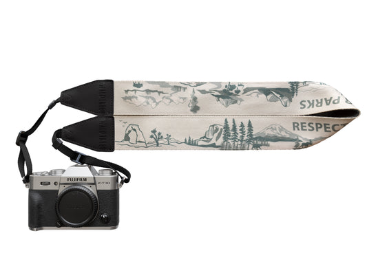 Wildtree national Park Camera strap featuring Arches, Joshua Tree, Yosemite, Redwood, Mount Rainier, Crater Lake, Saguaro, Great Smoky Mountains, Glacier, Zion, Yellowstone, Grand Teton