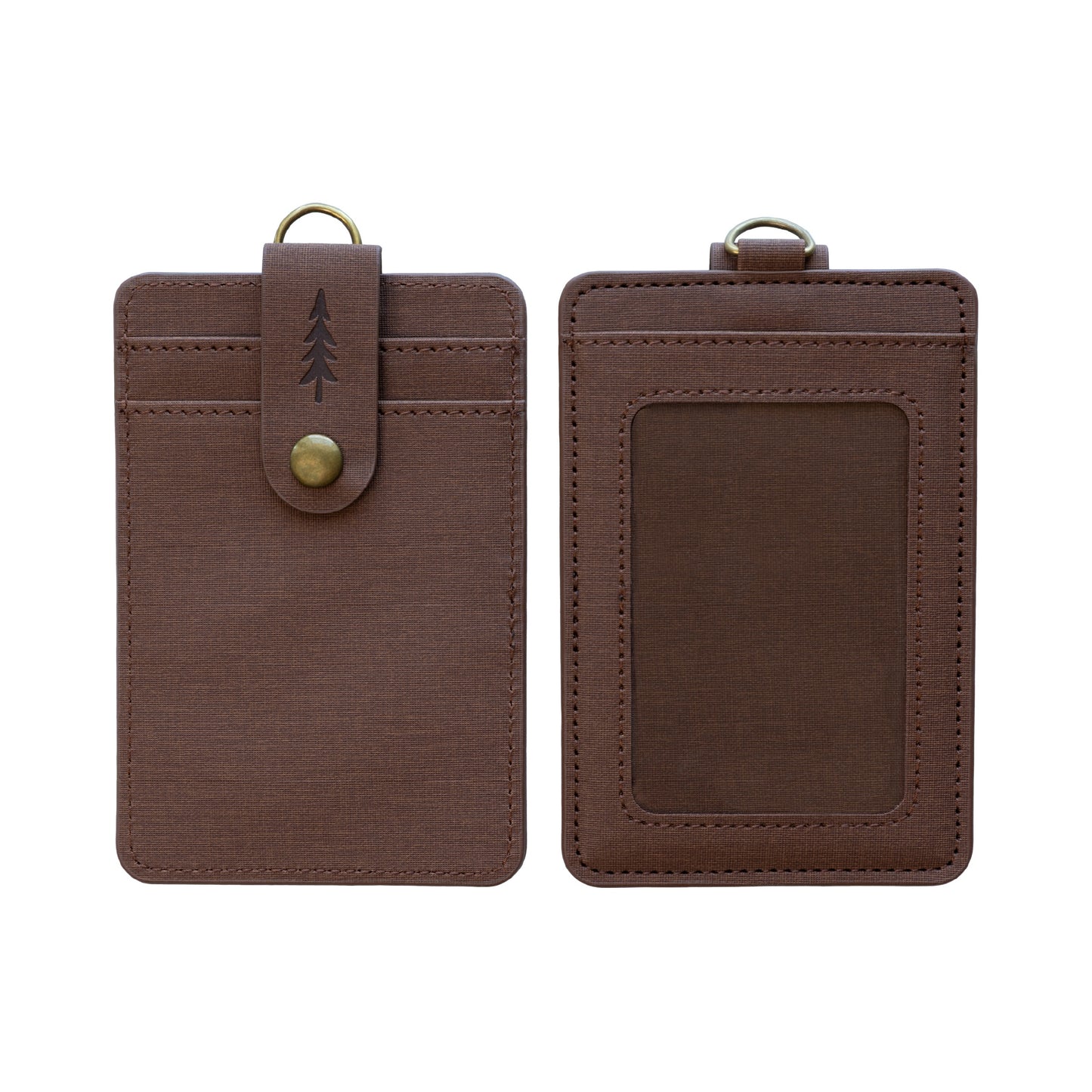 A product shot isolated on a solid white background showing the front and back of a brown textured ID badge holder side-by-side. The left side shows the front view with card slots and a snap-button closure strap embossed with a pine tree. The right side shows the back view with a clear ID window and top loop.