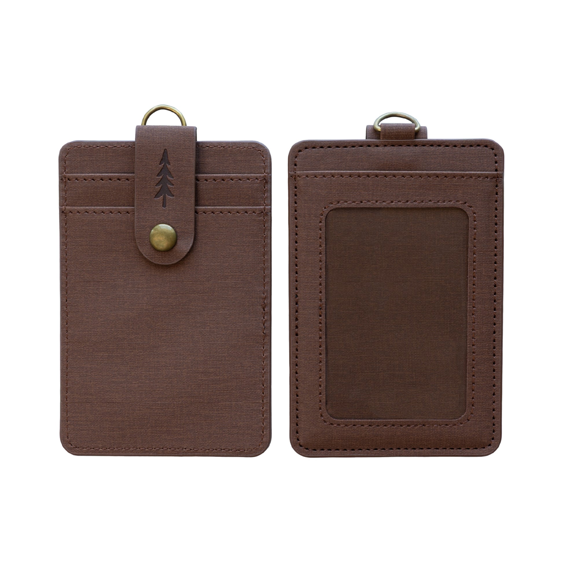A product shot isolated on a solid white background showing the front and back of a brown textured ID badge holder side-by-side. The left side shows the front view with card slots and a snap-button closure strap embossed with a pine tree. The right side shows the back view with a clear ID window and top loop.
