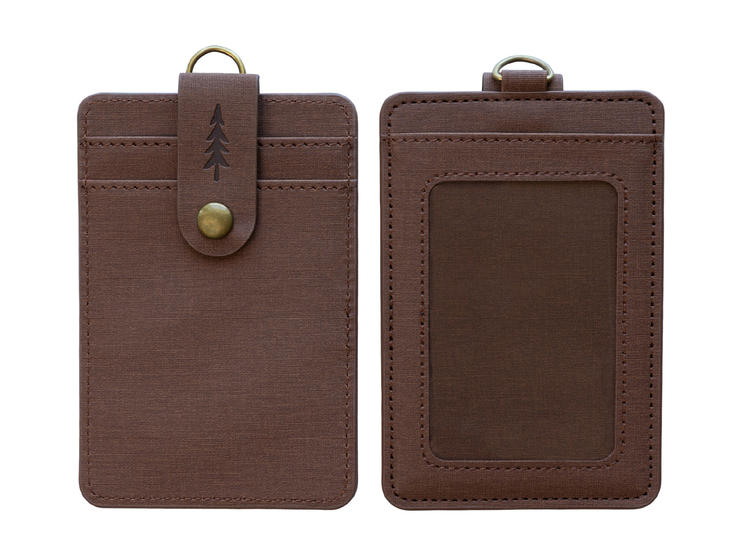 A product shot isolated on a solid white background showing the front and back of a brown textured ID badge holder side-by-side. The left side shows the front view with card slots and a snap-button closure strap embossed with a pine tree. The right side shows the back view with a clear ID window and top loop.