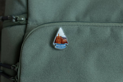 Bryce Canyon acrylic pin on green backpack 