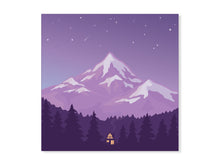 Load image into Gallery viewer, sticker of a small cabin in the woods below a mountain and surrounded by tress

