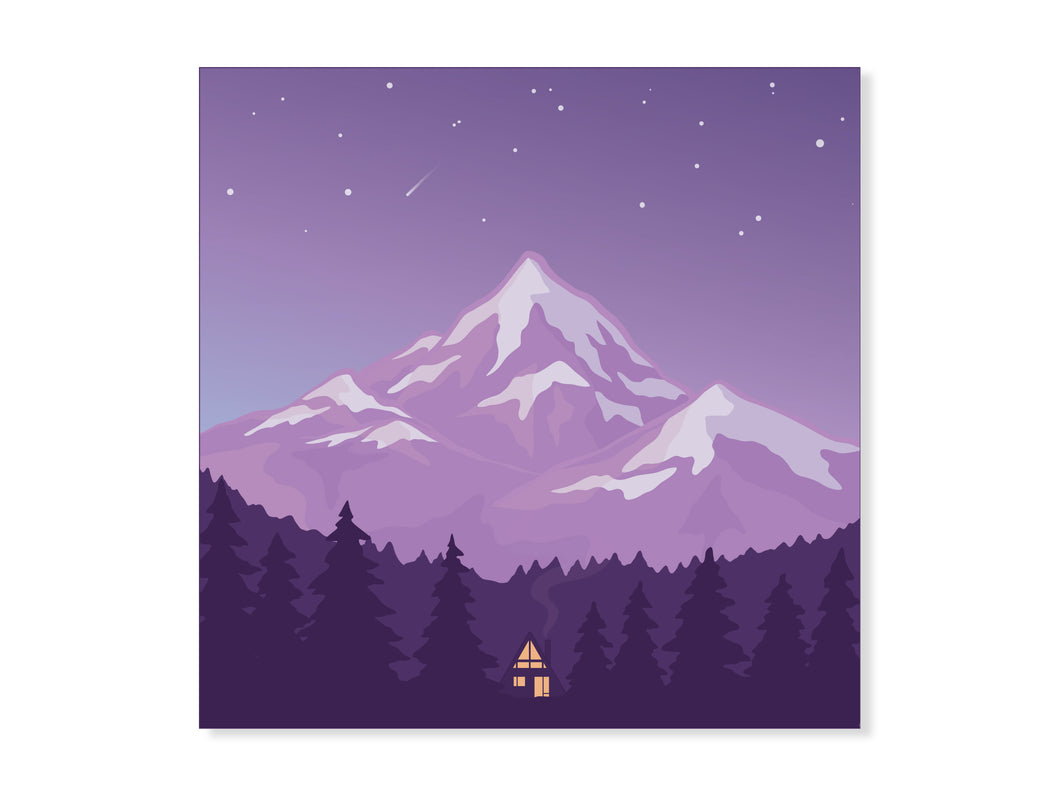 sticker of a small cabin in the woods below a mountain and surrounded by tress