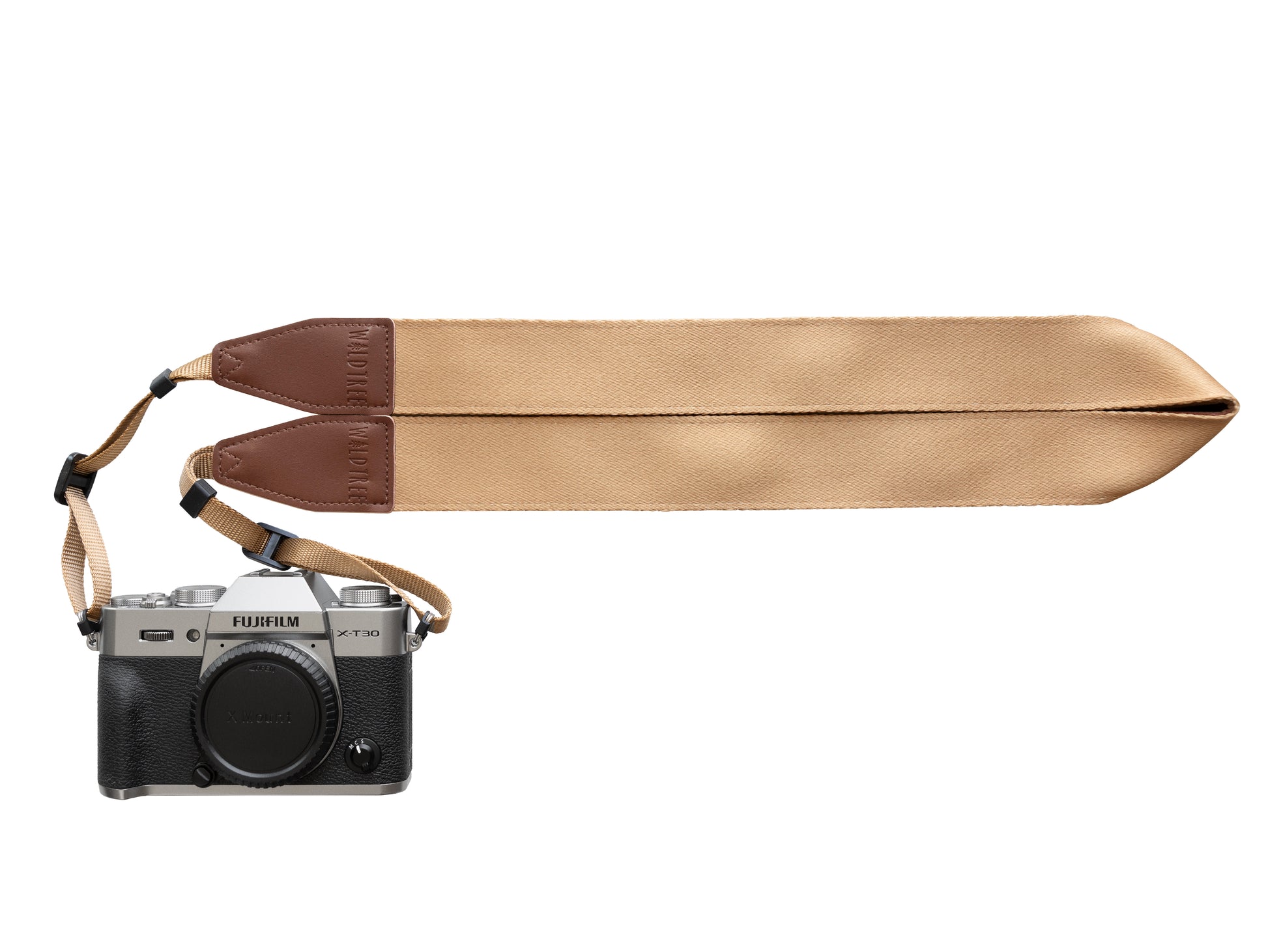 Wildtree Dune colored Camera strap connected to camera