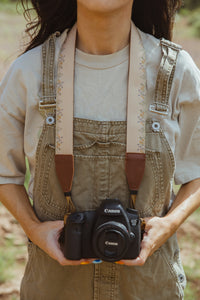 women wearing Flower Field Tan Camera strap - Best camera strap for canon camera