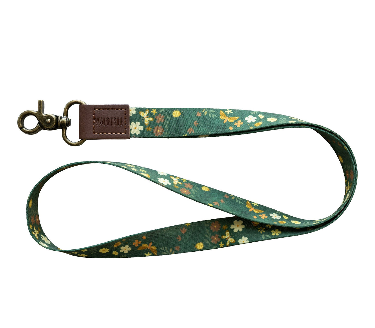 Flat lay of the Flutter & Fern neck lanyard on a white background, showing the full dark green fabric strap printed with white daisies, small brown flowers, and gold butterflies.