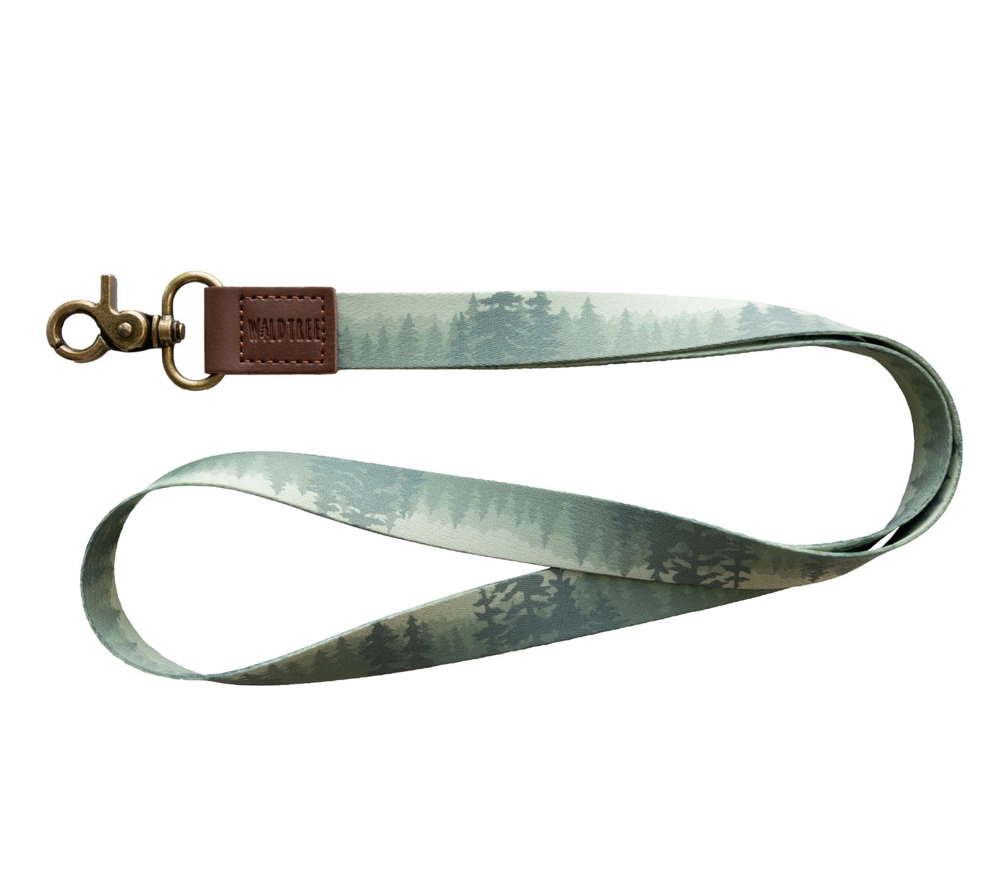 A high-contrast view of the misty green evergreen lanyard laying in a horizontal loop against a plain white background.