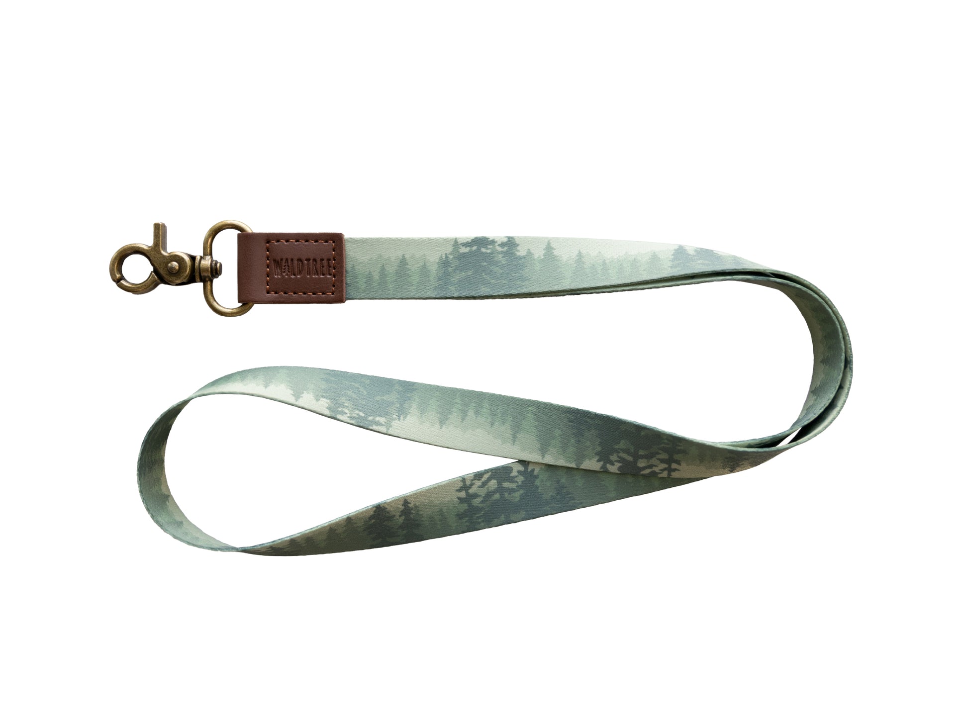 A high-contrast view of the misty green evergreen lanyard laying in a horizontal loop against a plain white background. The shot emphasizes the colors of the fabric, the texture of the brown leather finishing, and the brass swivel hook.