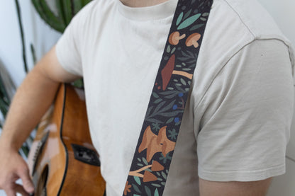 Forest foliage mushroom printed guitar strap