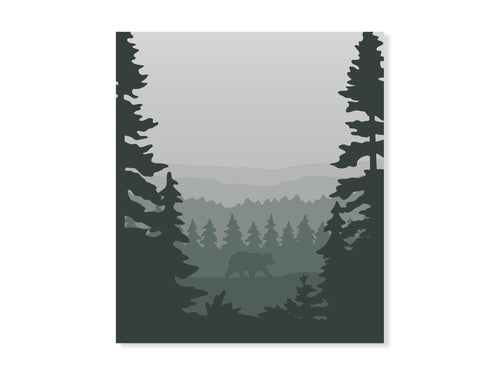 A bear walking in the forest between two big trees sticker