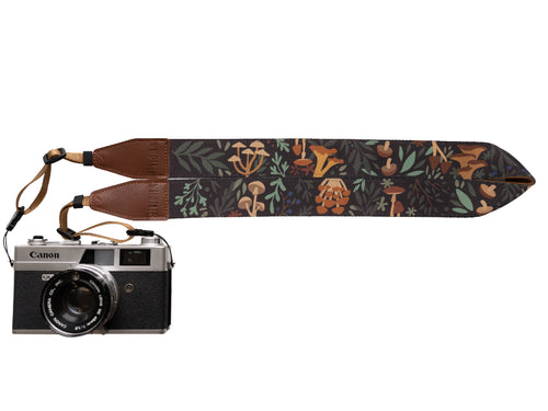 Wildtree Forest Foliage Camera Strap featuring mushrooms and other forest plants