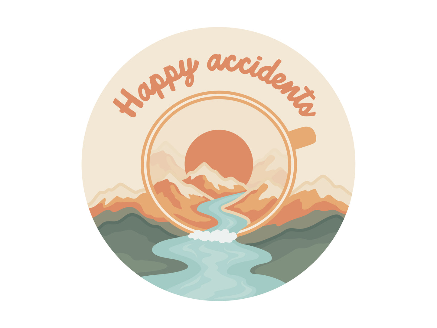 A clean digital product graphic of the "Happy Accidents" die-cut vinyl sticker. The design is a retro-style silhouette of a dark olive green campfire mug with a vibrant, abstract explosion and splatter of warm ochre and mustard yellow. The text "HAPPY ACCIDENTS" is arched at the base in a rugged font. The sticker is framed by a thin white border against a plain white background.