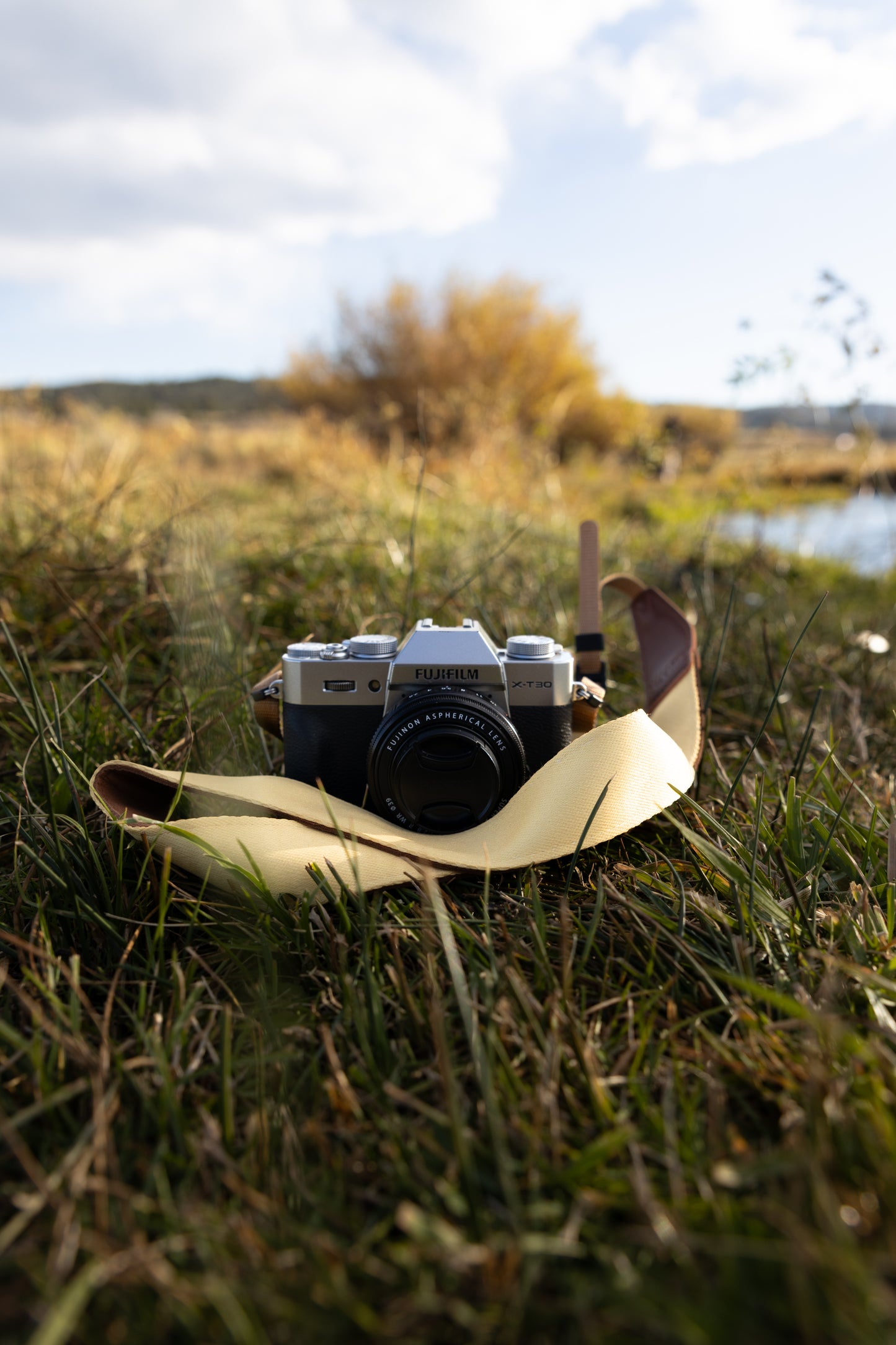 Honey yellow camera strap with brown leather ends connected to fujifilm camera lying in grass field