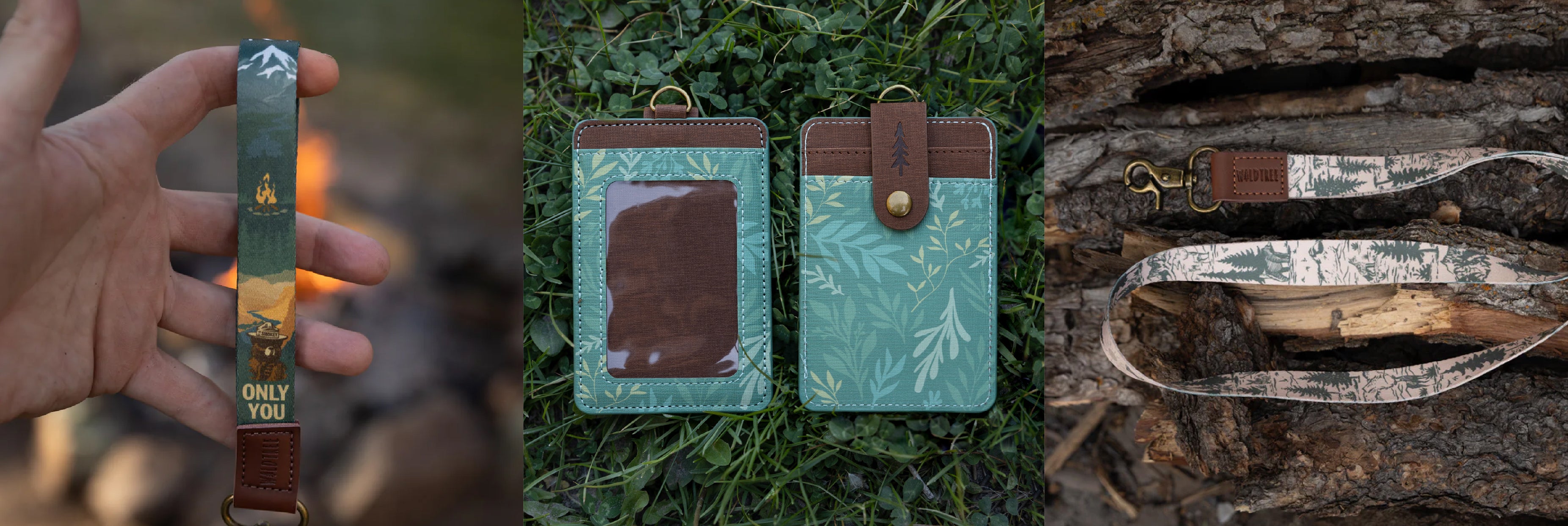 Three-panel banner showcasing a Smokey Bear wristlet keychain by a campfire, green floral ID holders on grass, and a woodland designed neck lanyard resting on wood logs. It displays the cohesive outdoor aesthetic of the complete collection.