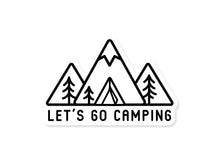 Load image into Gallery viewer, Sticker design of Simplistic line drawing of mountains, tent and trees with the words &quot;Let&#39;s go camping&quot;
