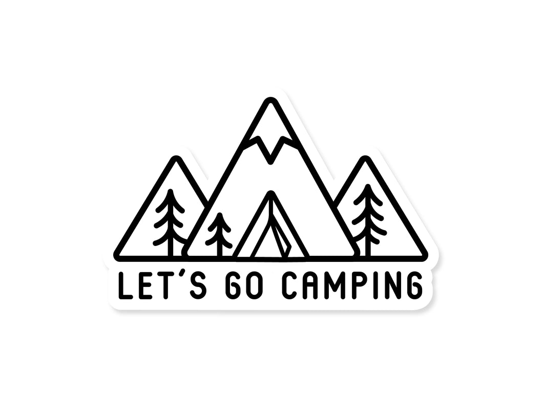 Sticker design of Simplistic line drawing of mountains, tent and trees with the words 