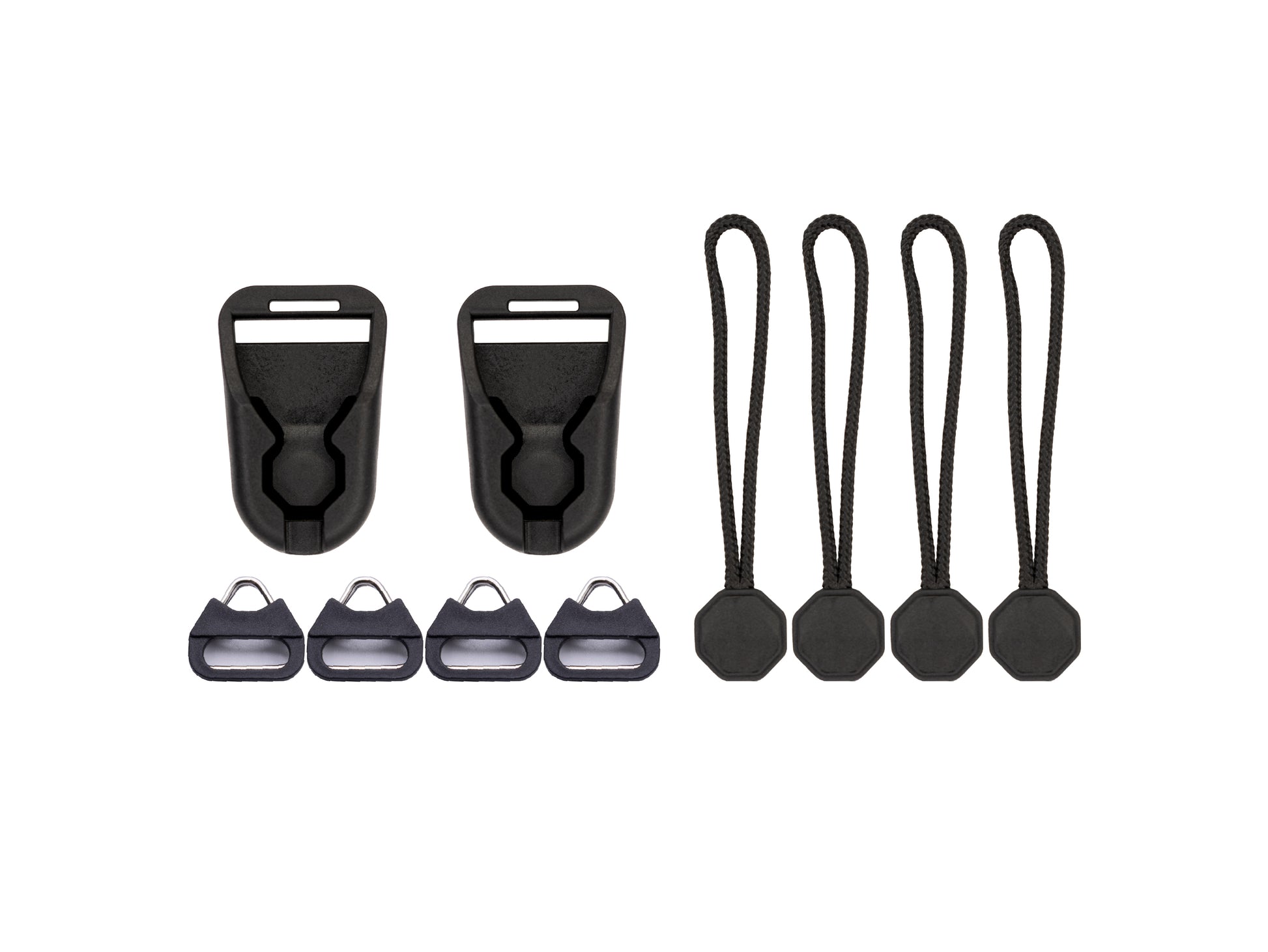 Wildtree low-profile quick-link camera strap adapter kit: two black quick-release buckle connectors, four split-ring anchor adapters, and four paracord quick-link pulls with octagonal toggles, laid flat on a white background
