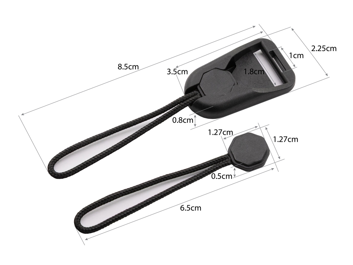 Dimension diagram of the low-profile quick-link camera strap adapter: buckle connector measures 8.5 cm long by 2.25 cm wide with a 1.8 cm by 1 cm strap slot, and the paracord pull measures 6.5 cm long with a 1.27 cm octagonal toggle