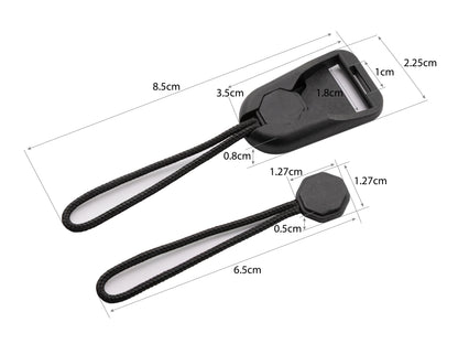 Dimension diagram of the low-profile quick-link camera strap adapter: buckle connector measures 8.5 cm long by 2.25 cm wide with a 1.8 cm by 1 cm strap slot, and the paracord pull measures 6.5 cm long with a 1.27 cm octagonal toggle