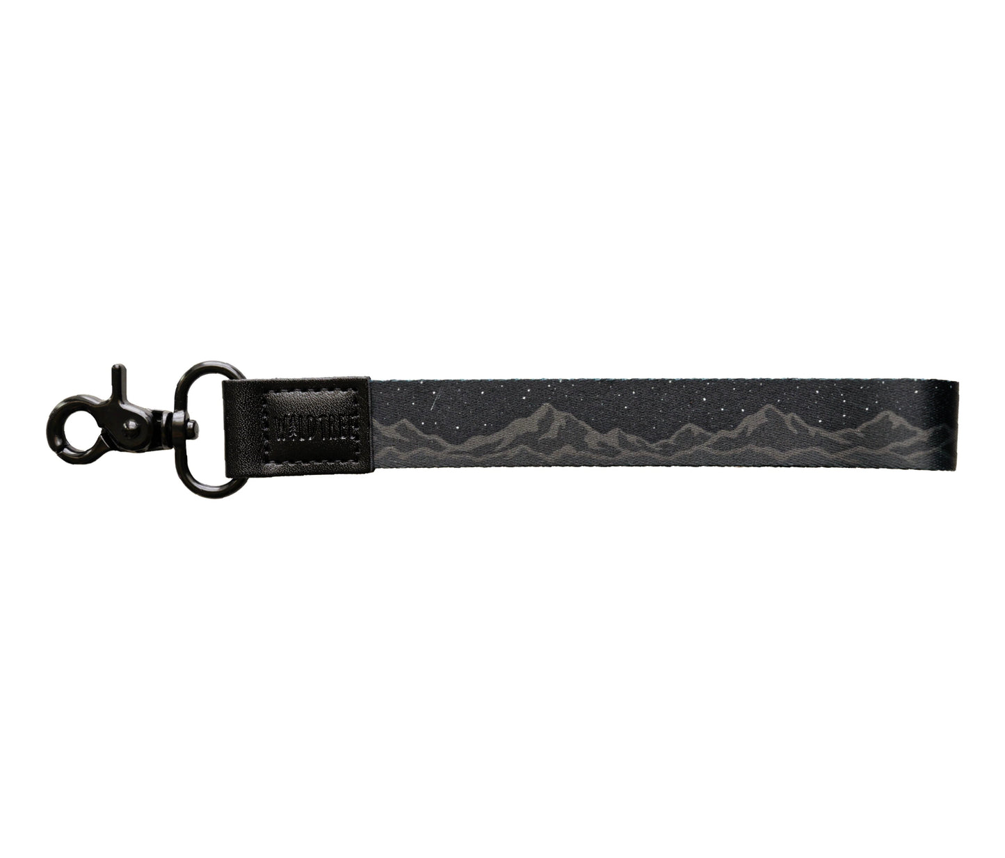 Midnight mountain range with stars and night sky design wristlet keychain with leather ends