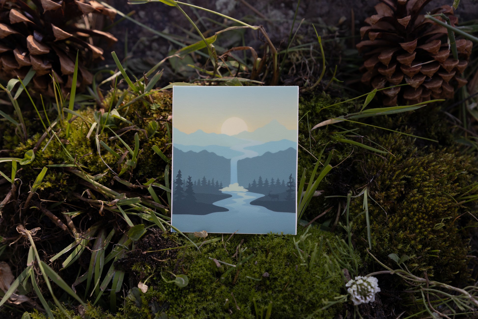 Misty Evening sticker landscape waterfall with trees and mountains blue and yellow colors