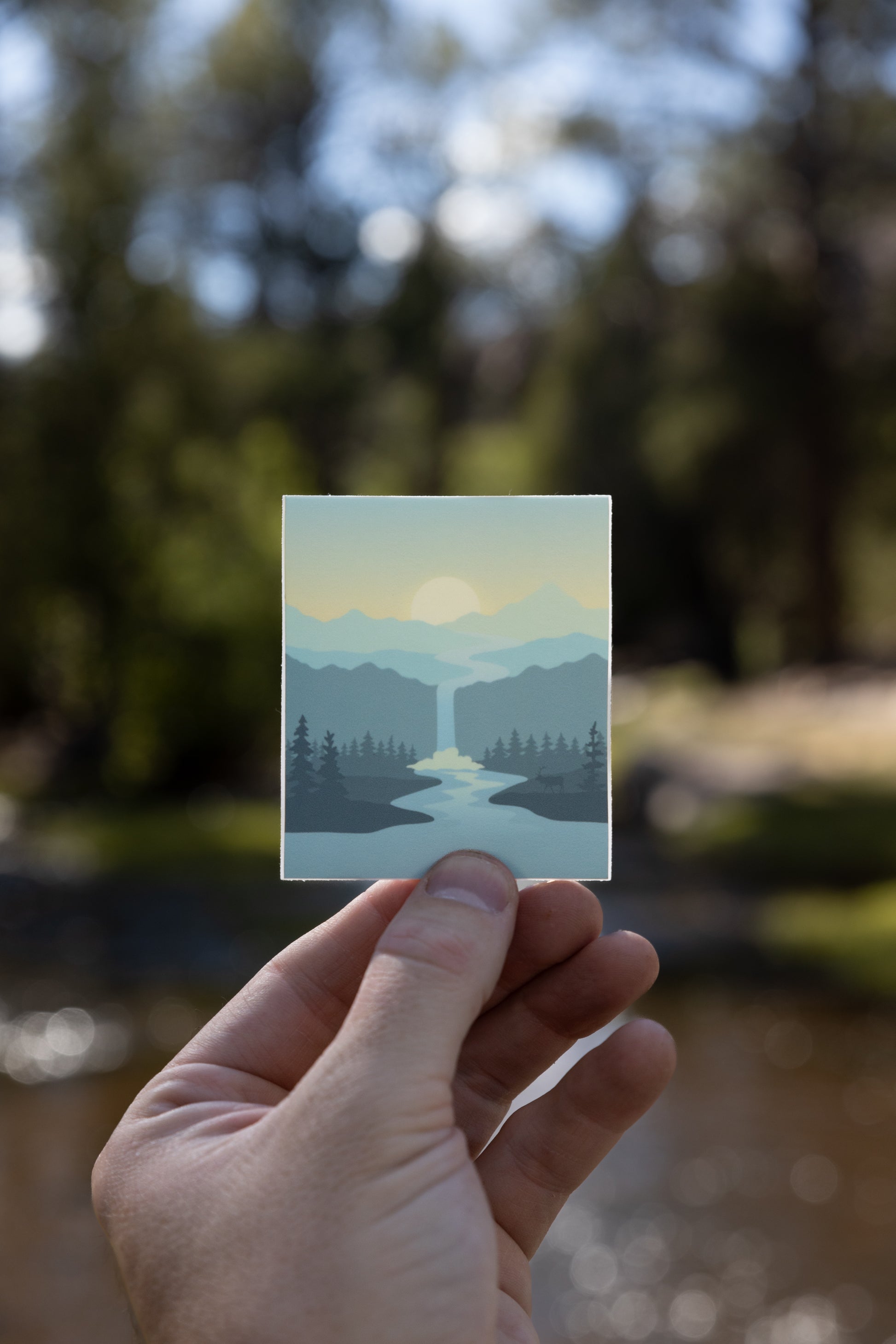 Misty Evening sticker landscape waterfall with trees and mountains blue and yellow colors