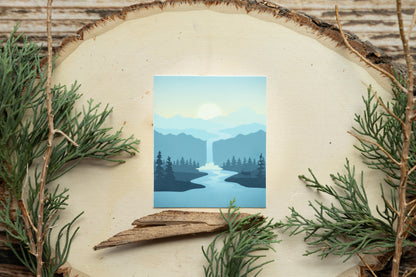 misty evening sticker featuring a calm river and waterfall. Deer by the riverbed