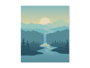 misty evening sticker featuring a calm river and waterfall. Deer by the riverbed