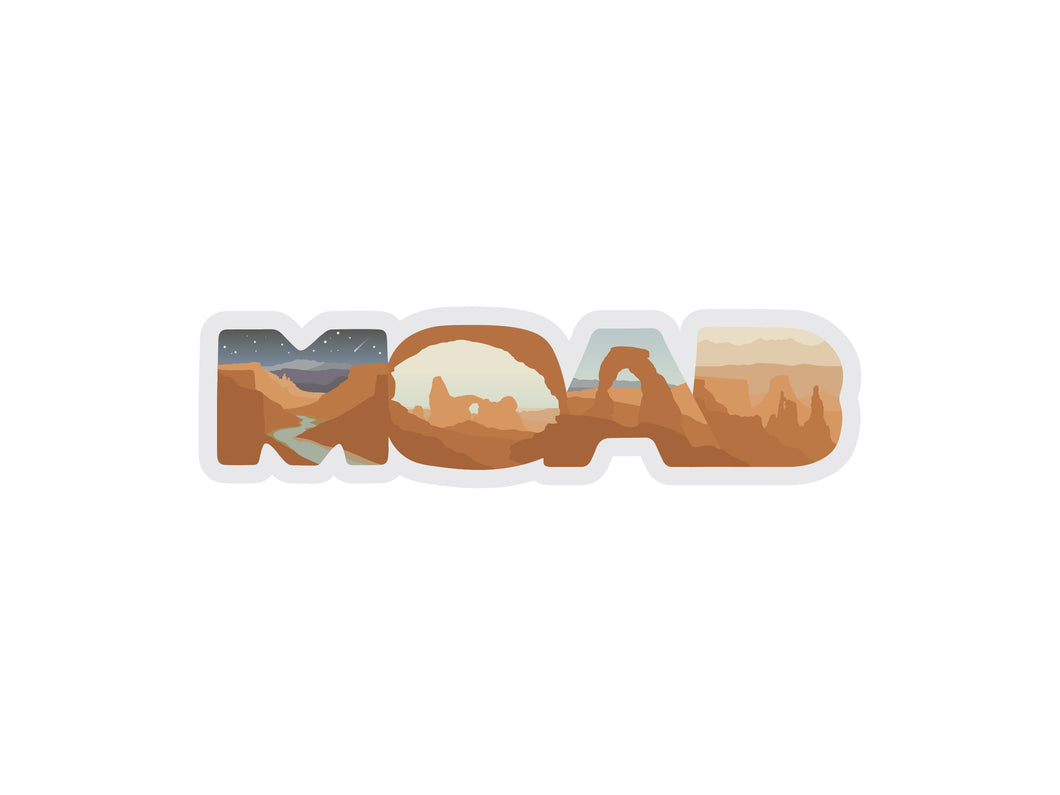 Moab utah sticker. Each letter has a image of a unique spot around moab