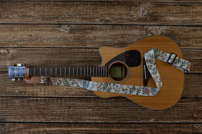 Floral rose printed guitar strap attache to acoustic guitar